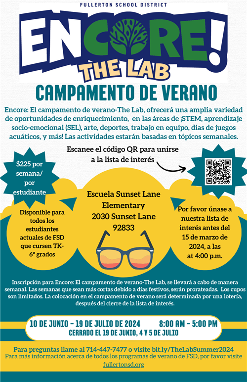 The Lab summer camp flyer in spanish with a QR code